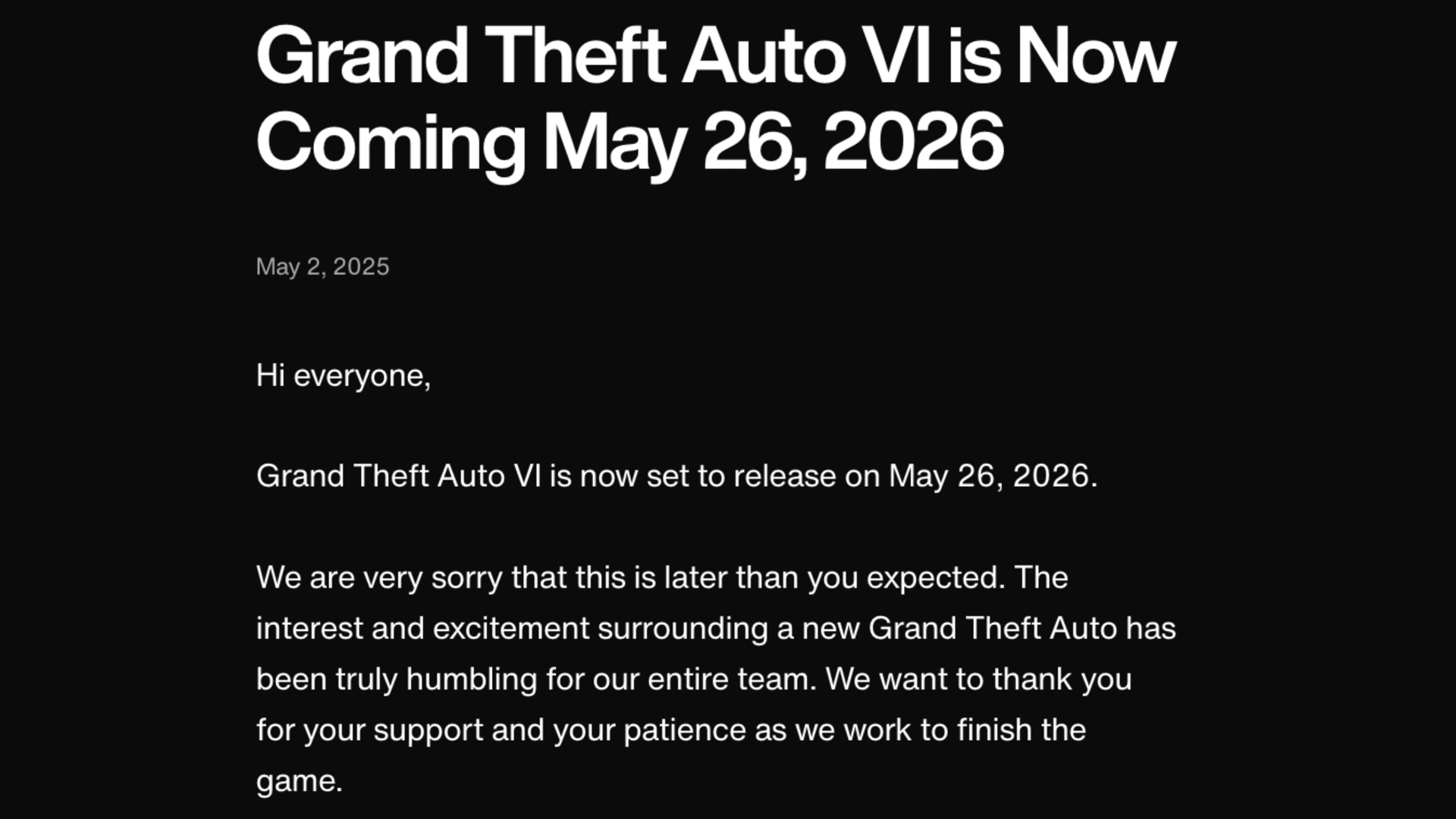 Grand Theft Auto VI is Now Coming May 2026 image